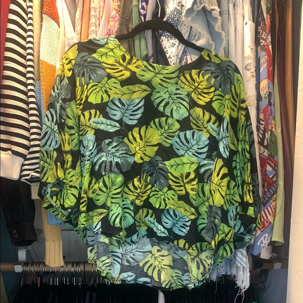 Tropical Leaf Print Sheer Top - Black, Green & Teal